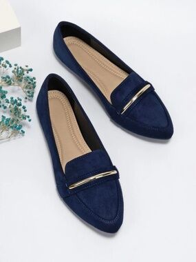 EUC Women's Navy Pointed Toe Loafers with Gold Accent